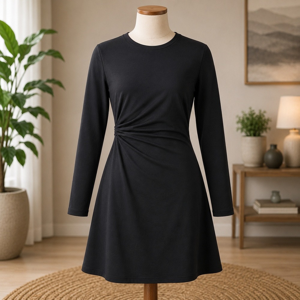 NWT‎ Open Edit Ruched Long Sleeve Mini Dress Womens Small Black ED482720MI